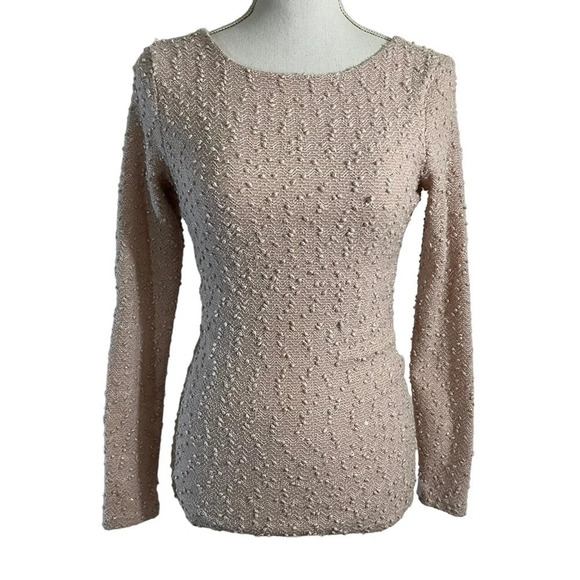 Jennifer Lopez Tops - Jennifer Lopez Sweater Blouse XS Nude Pink Textured Glitter Preppy Open Back Top